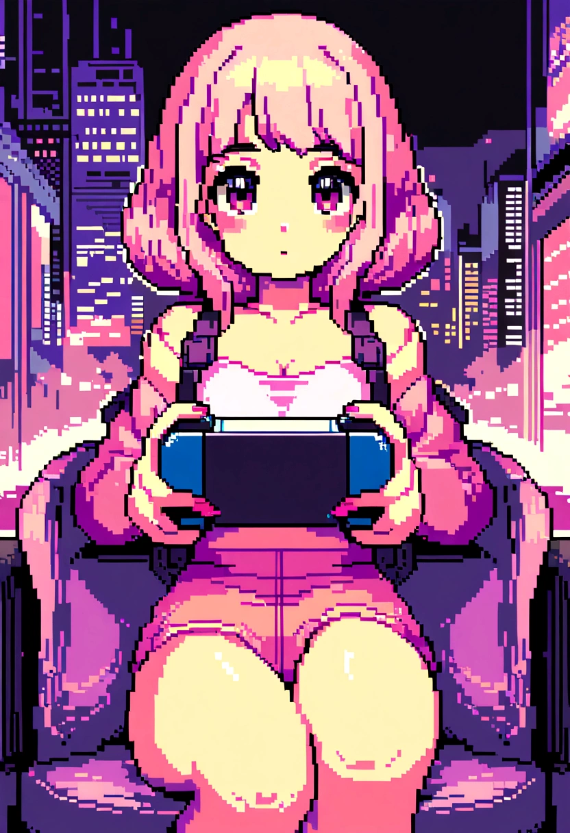 Pixel art,City Pop,Retro,Showa,Highest quality, masterpiece, Ultra-high resolution, Very detailed, Girl playing games, body, Anime illustration, Keyframe illustration, Digital anime art, Lo-fi Girl,, Anime-style illustrations, Lofi Art Style, Anime illustration