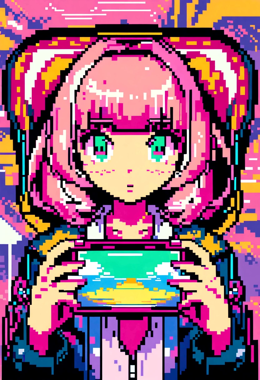 Pixel art,City Pop,Retro,Showa,Highest quality, masterpiece, Ultra-high resolution, Very detailed, Girl playing games, body, Anime illustration, Keyframe illustration, Digital anime art, Lo-fi Girl,, Anime-style illustrations, Lofi Art Style, Anime illustration