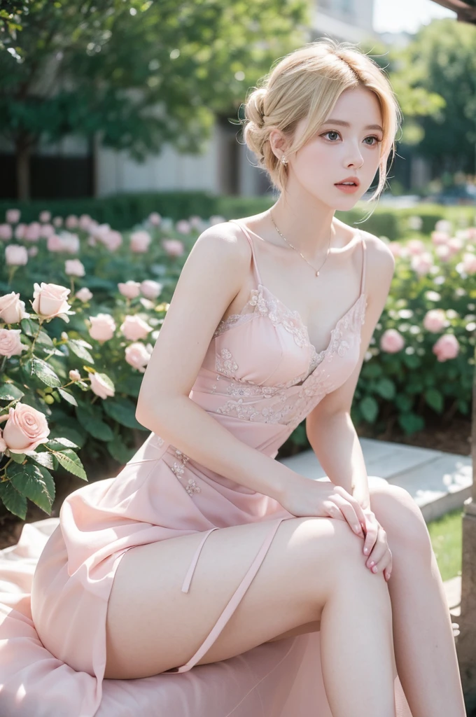 8K, RAW photos, Fujifilm, Fashion photo of a beautiful young woman Avril Lavigne in a light pink rose garden (Very delicate skin: 1.2) Style - Petal BREAK Short Hair, Blonde, Wearing a dress, Film granulation, 35 mm, Cute style