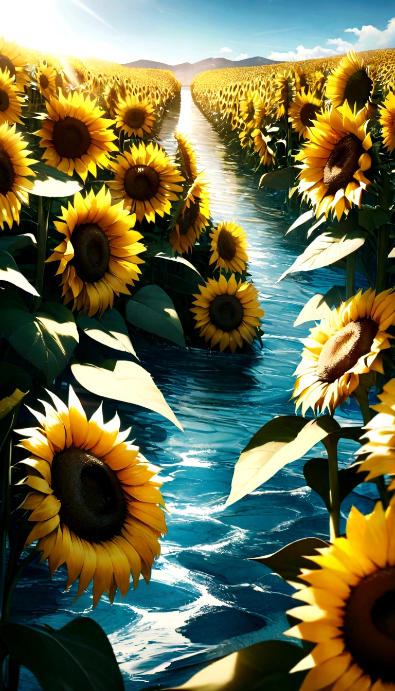 Ultra-realistic scenes, Marble, Sunflower field, Blue sky background, water, sunlight, Low Perspective,,, High quality 8K。