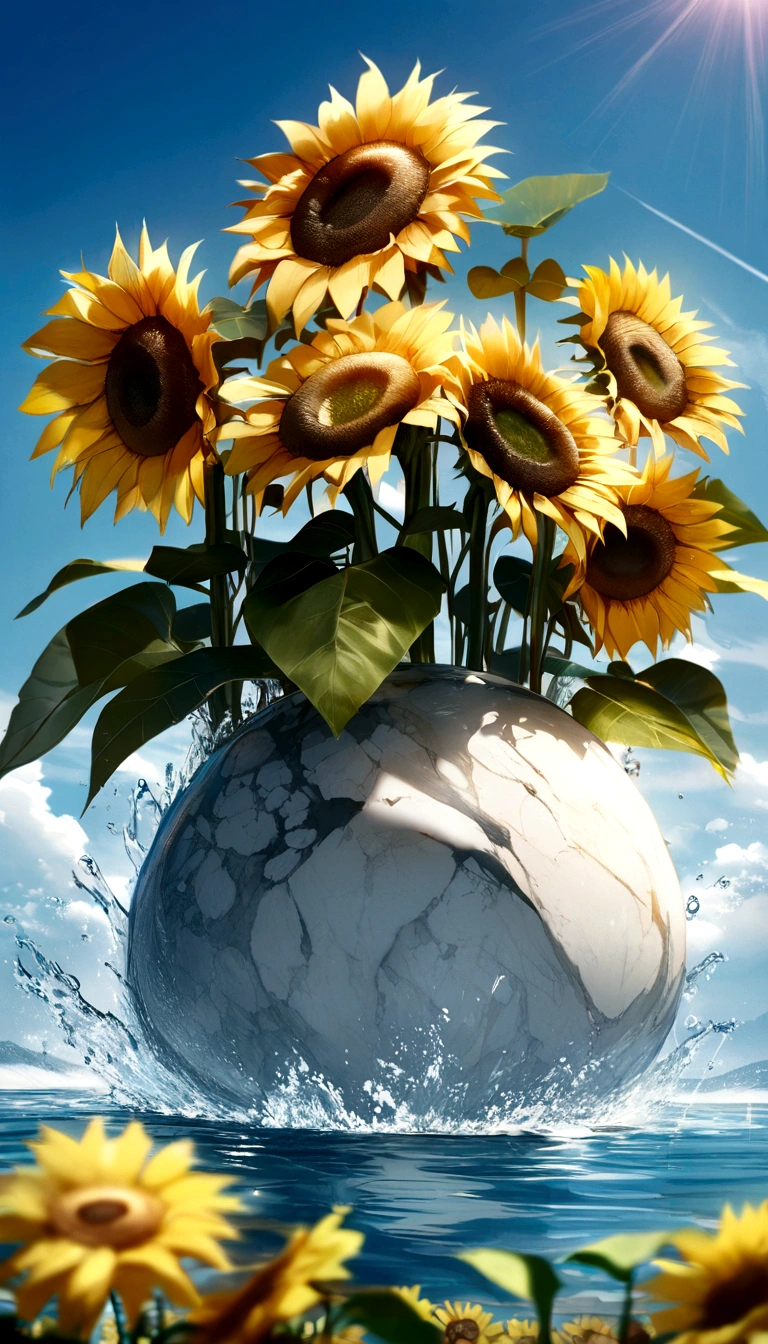 Ultra-realistic scenes, Marble, Sunflower field, Blue sky background, water, sunlight, Low Perspective,,, High quality 8K。