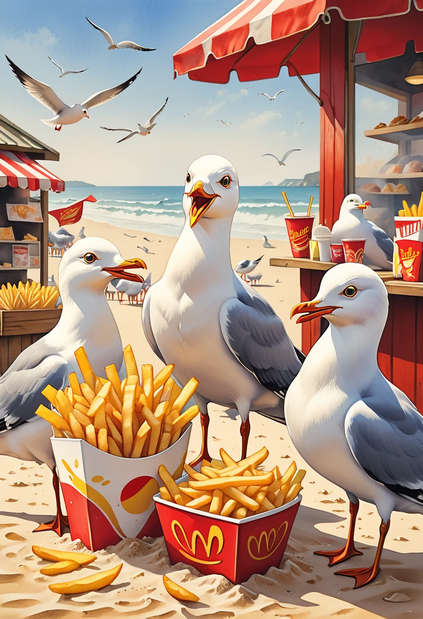 (perfect ???????)A flock of cute seagulls(close up)Eating french fries at the sand stall (No one talks to the store) Detail intricate detailed clear art surreal realism perfect, Beautifully, Intricate illustrations, Textured,Fine brushwork watercolor illustration in artistic masterpiece art style