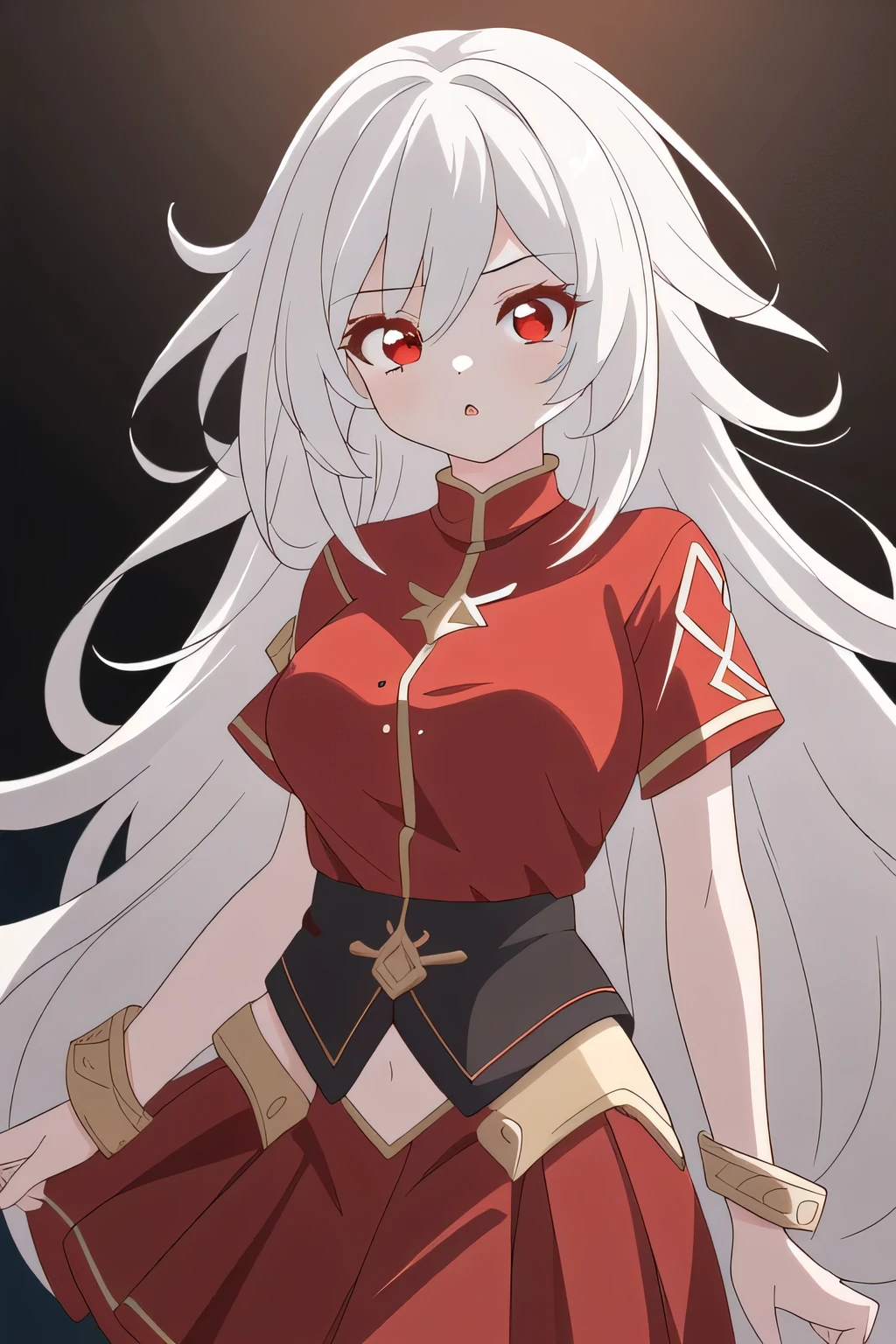 a girl with cute red eyes, long white hair, wearing a red shirt and red skirt, heavily accessorized, (best quality,4k,8k,highres,masterpiece:1.2),ultra-detailed,fantasy,intricate details,vibrant colors,dramatic lighting