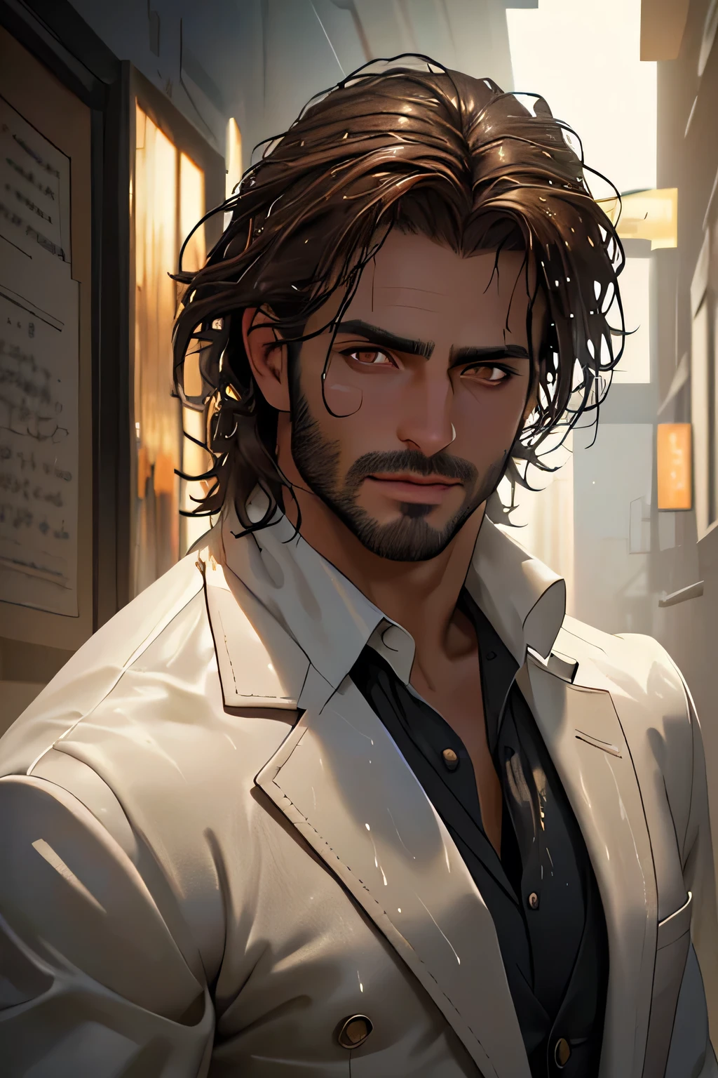 Young male, rugged, handsome, gentleman, wet white shirt and dark trousers, Turkish man, tousled hair, light skin, dark brown eyes, ultra detail, 8 k, realistic photo, photo, head to waist, portrait shot, cinematic light, cinematic color, remarkable, dominant, smouldering and dangerous, opulant office setting