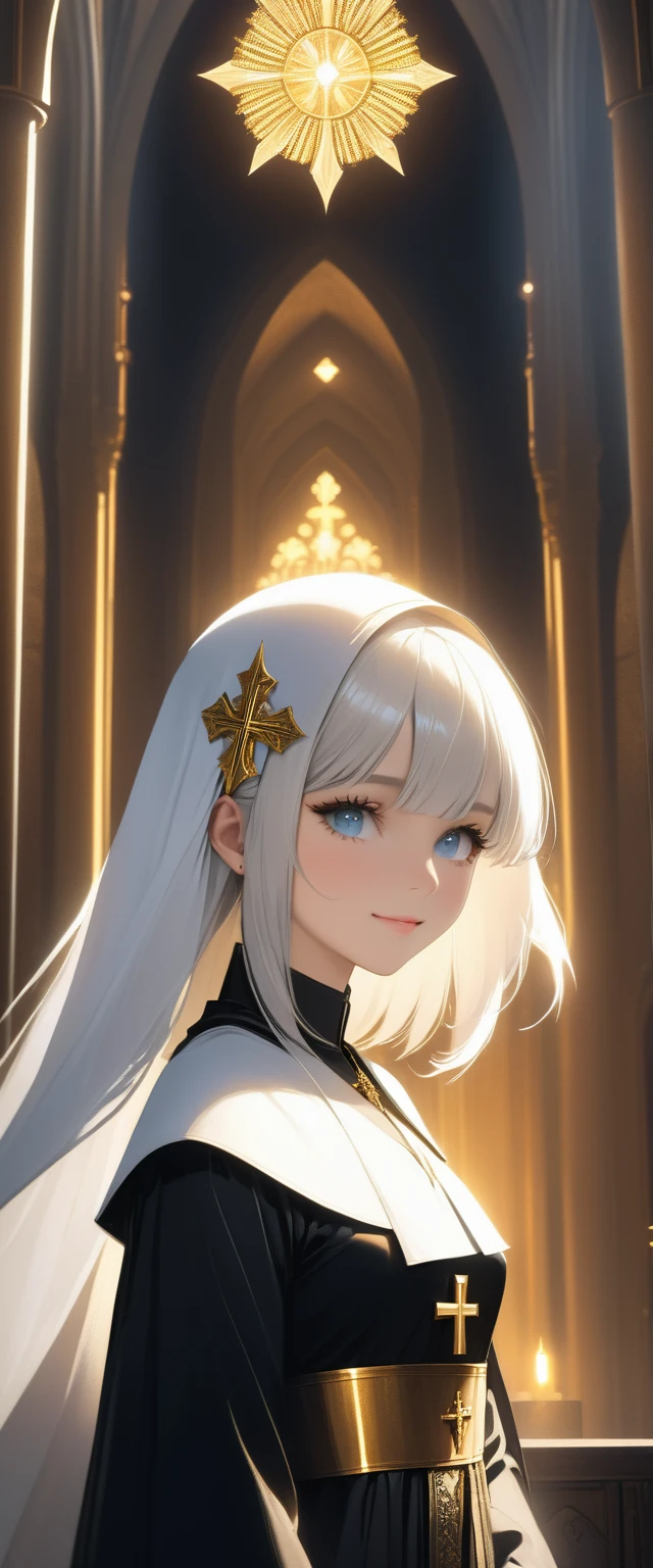 korean actress with white hair, bangs, blue eyes, in a dress of a nun, black and white habit, nun armor outfit, gold ornament outfit, gold head accessory, detailed face, thin smile, detailed skin, side view, background cathedral, full body view, side model posing, cover, unzoom, choker, hyperdetailed painting, luminism, Bar lighting, complex, 4k resolution concept art portrait by Greg Rutkowski, Artgerm, WLOP, Alphonse Mucha, little fusion pojatti realistic goth, fractal isometrics details bioluminescens : a stunning realistic photograph 30 years, sun beam, sunkiss, sun glare,
