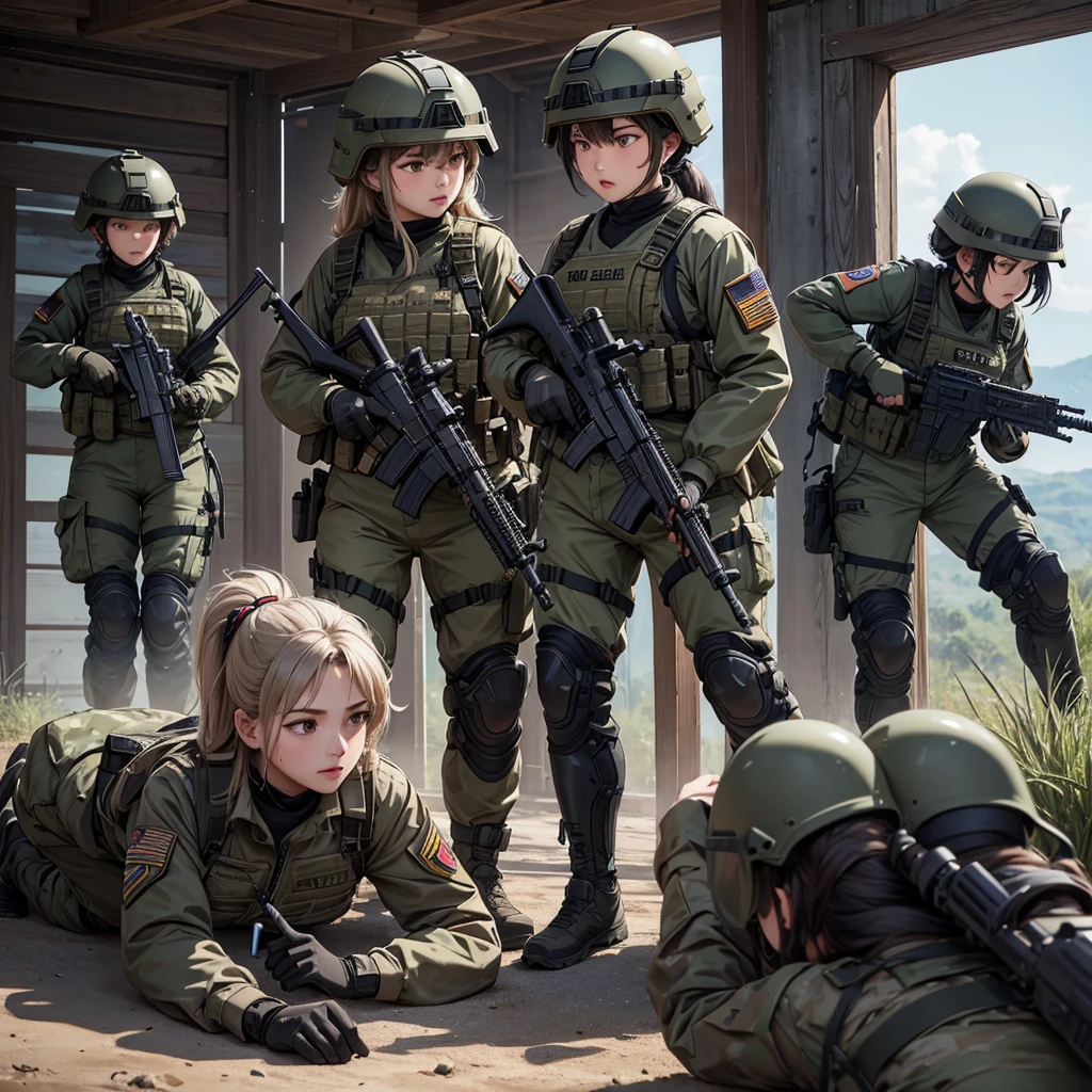 First-person perspective、Four female special forces soldiers wearing helmets、Wearing wolf brown combat uniform、Individual equipment set、Fight with guns、See the crotch、Inside the base、Write details、masterpiece、best quality、Highly detailed CG、8K picture quality
