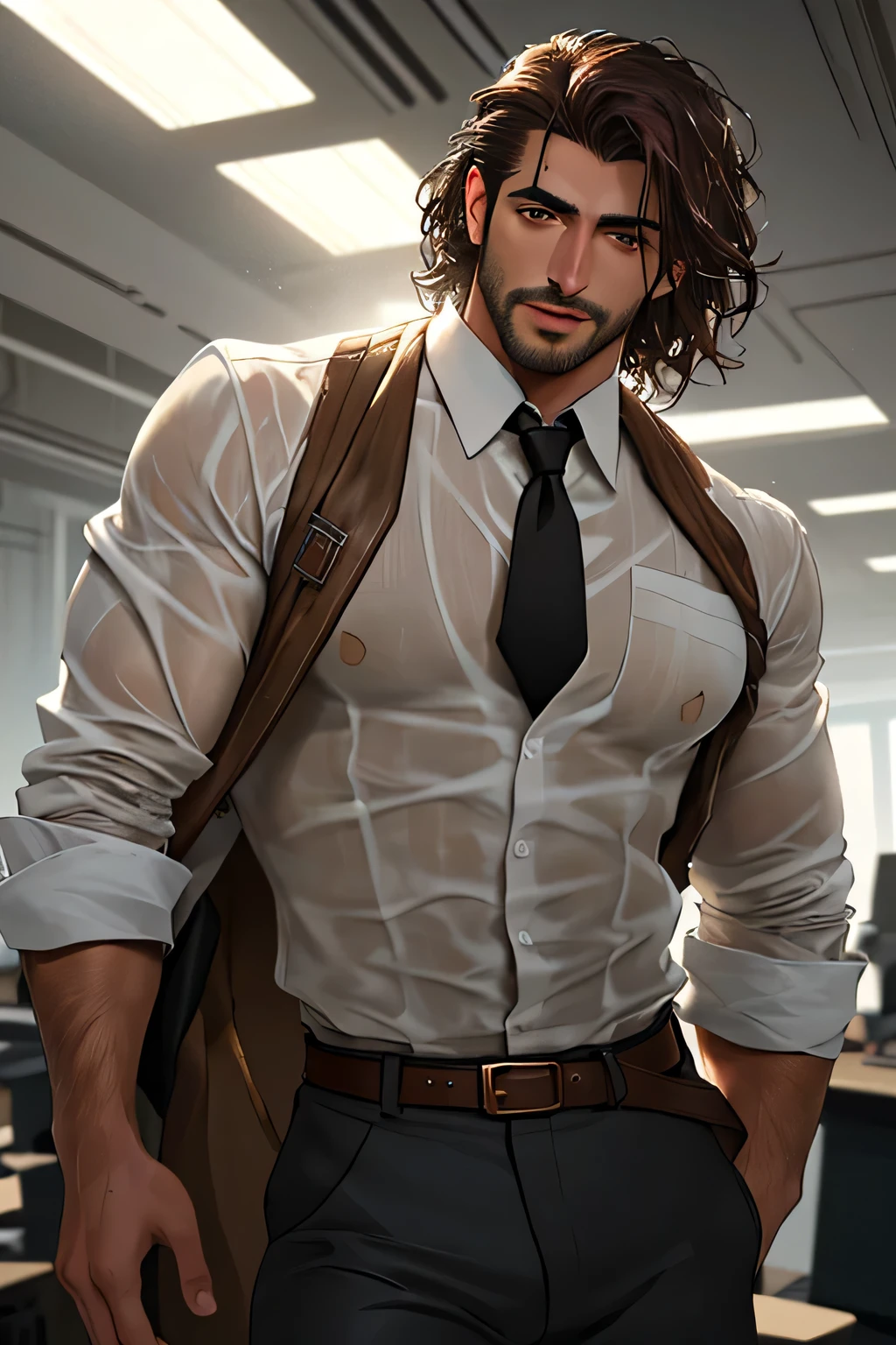 Young male, rugged, handsome, gentleman, wet white shirt and dark trousers, Turkish man, tousled hair, light skin, dark brown eyes, ultra detail, 8 k, realistic photo, photo, head to waist, portrait shot, cinematic light, cinematic color, remarkable, dominant, smouldering and dangerous, opulant office setting