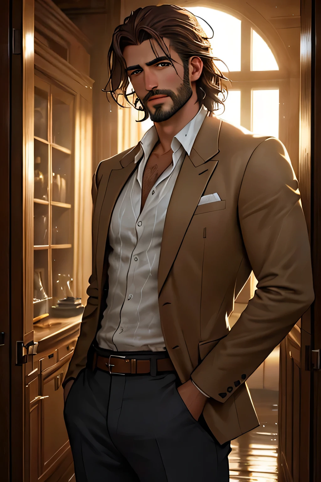 Young male, rugged, handsome, gentleman, partially wet white shirt and dark trousers, Turkish man, tousled hair, light skin, dark brown eyes, ultra detail, 8 k, realistic photo, photo, head to waist, portrait shot, cinematic light, cinematic color, remarkable, dominant, smouldering and dangerous, opulant office setting, stood in front of window, where sun is setting behind him