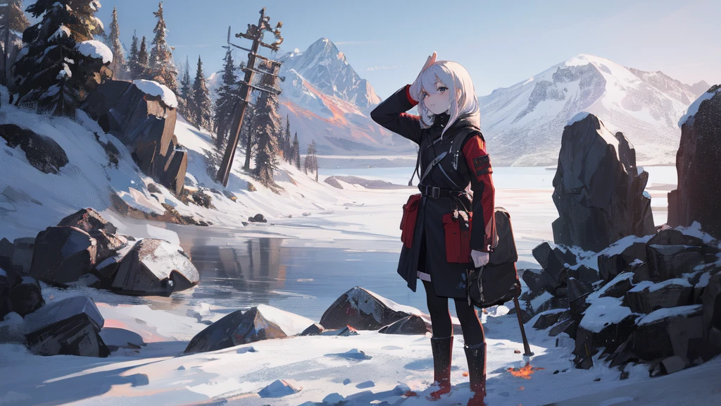 masterpiece:1.2), best quality , solo ,pixiv, anime girl ,long straight white hair , black eyes ,Wearing off-white camouflage uniform ,ten years old,battlefield,Standing in the snowy mountains,(Eyes looking into the distance:1.3),There is a flame burning beside you,(look away:1.5),snowy weather,The girl stands among the deserted snowy mountains,blood on forehead,dirty face,Background mixed with metal fragments:1.2,Backlight,Black lake in the background,Standing on the black glacier,Bare rocky peaks , Scrap metal on the snow,raise arms,The expression is sad