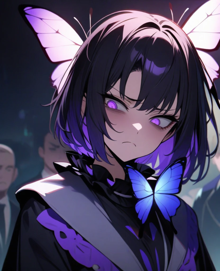 masterpiece, best quality, very aesthetic, absurd, up to date,1 Girl,Upper Body, (despise, disgust,Shadowed side,Looking at the audience,frown),
Section Chief Shinobu, Decorate your hair with butterflies, Violet eyes, Multi-colored hair, short hair, #5: Parted Bangs, Japanese clothing