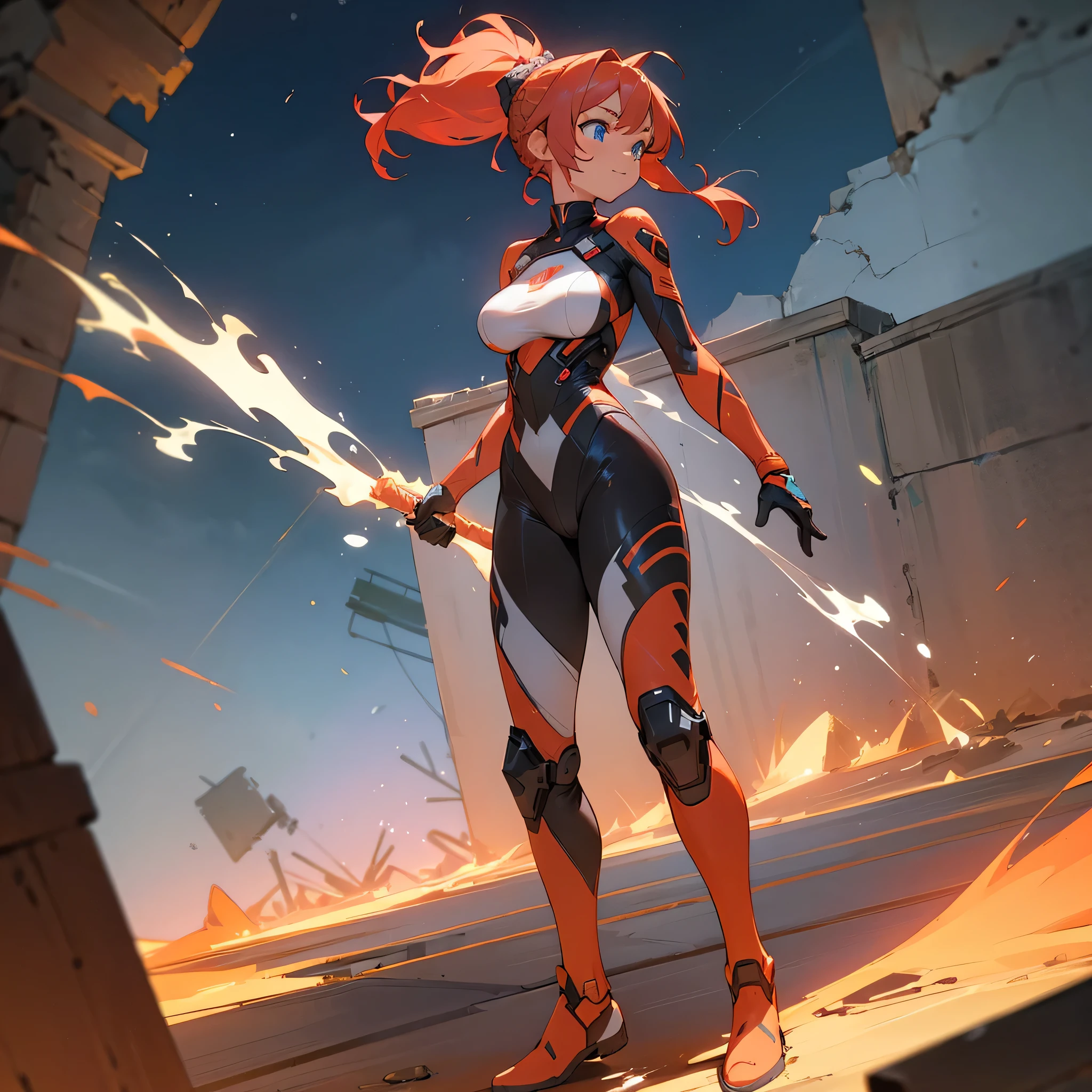 1female, young adult, tan skin, big breast, finely detailed blue eyes, wild medium hair, coral hair, braided ponytail, full body combat suits, standing on ruined building, night time, excited expression