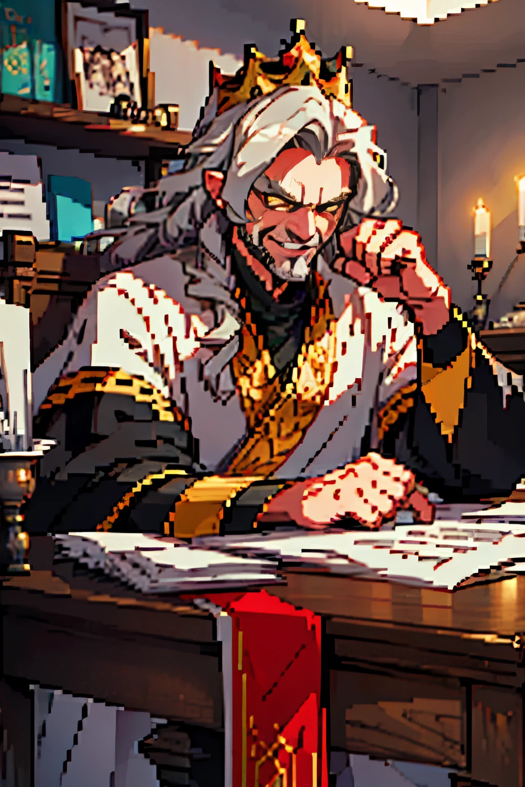 128x128 pixel art, anime, 50 year old man, 1 male, pixel art style , mahwa, tyrant emperor, medieval royal clothes, crazy old man, long grey hair, yellow eyes, wearing crown with a ruby, looking at the camera, emperor clothes, black gold and red clothes color palette, wearing rings on his fingers, golen decorations, long light grey beard, focus on face, evil smile, sinister smile, sadistic face expression, crazy, insane, psychopath, detailed expression, sinister, sitting behind desk with piles of papers, thinking hand gesture, grin, face close up, tongue on lips
