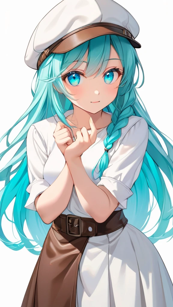 (Eyes:1.1), (Hands:1.1), (Fingers:1.1), Female, woman, mature, Beautiful, Humble, Kind, long hair upper waist Stright Braided Hairstyles, Aqua blue pupil eyes colour, bright cyan Hairs, leather white wear Newsboy Cap, white dress flowing with skirt, standing front the blank white canvas, Anime style, vivid colours, (White backgrounds:1.1)