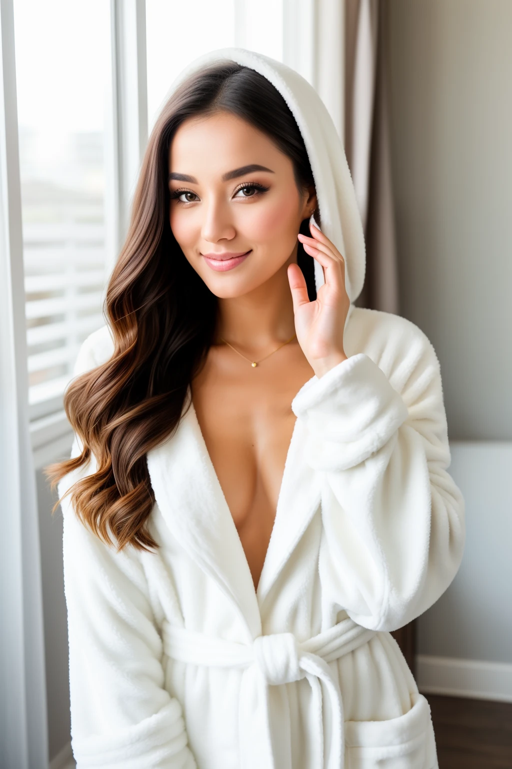 A 26-year-old radiant woman, ((perfect face)), ((elegant mascara)), wearing an oversized, luxurious bathrobe, makes the peace sign, inspired by the enchanting Anna Katharina Block. Her round face is flawlessly enhanced by skincare, exuding a charming, positive mood. This cute selfie, trending on Plasticien, captures a moment of tranquility and joy. The full-body image, taken with a high-quality iPhone, showcases the beautiful woman's perfect face in the highest resolution, 4k, with a hint of film grain for an added touch of charm. Adobe Lightroom has softened the light,