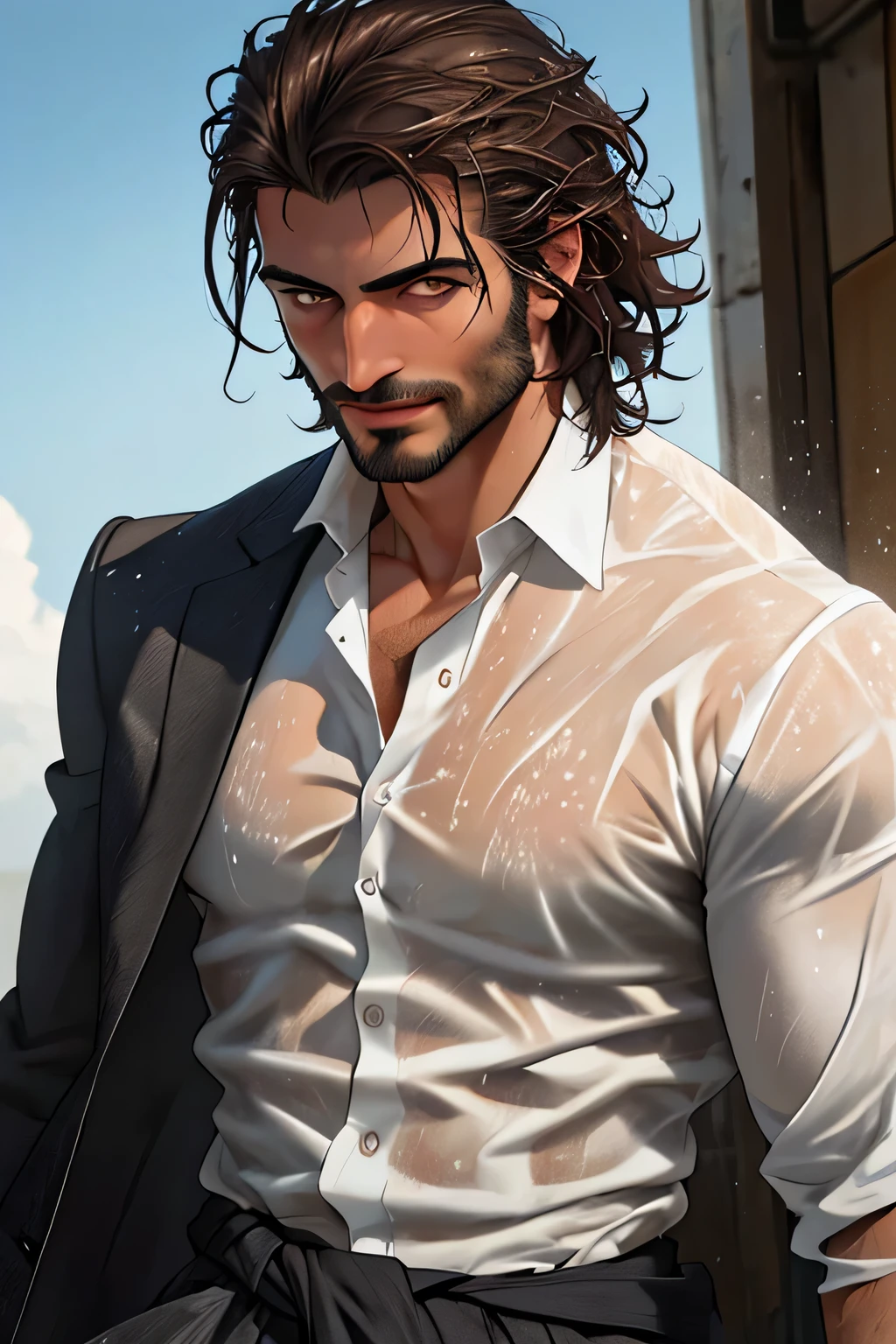 Young male, rugged, handsome, gentleman, wet white shirt and dark trousers, Turkish man, tousled hair, light skin, dark brooding brown eyes, ultra detail, 8 k, realistic photo, photo, head to waist, portrait shot, cinematic light, cinematic color, remarkable, dominant, smouldering and dangerous, smirk, taking off wet shirt