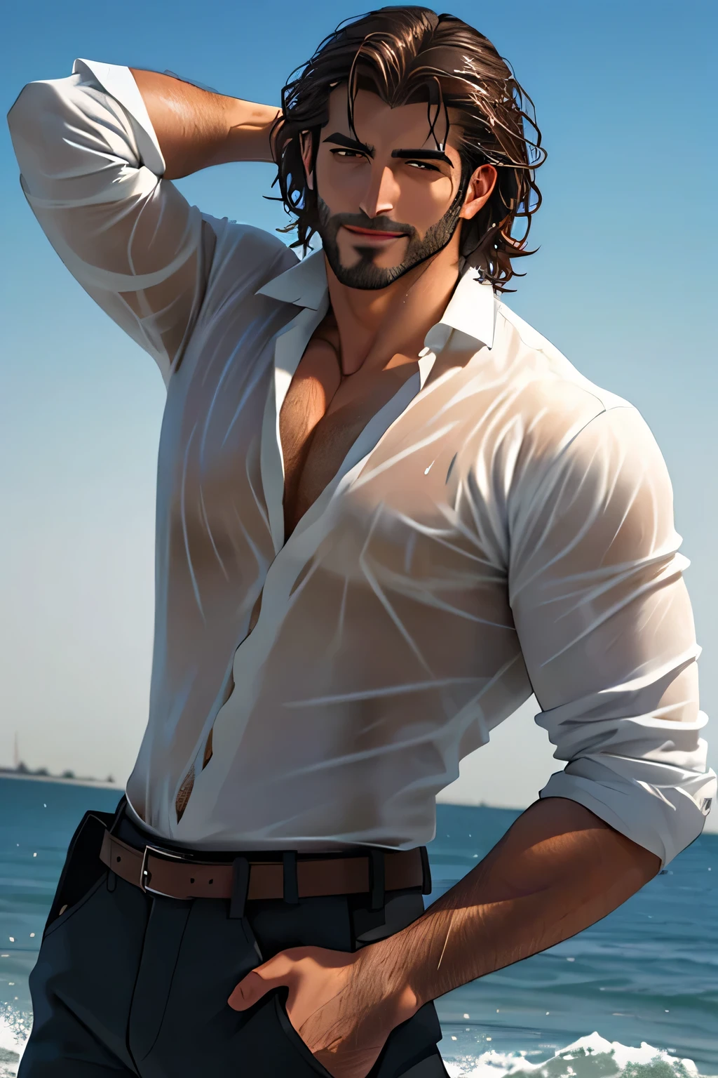 Young male, rugged, handsome, gentleman, wet white shirt and dark trousers, Turkish man, tousled hair, light skin, dark brooding brown eyes, ultra detail, 8 k, realistic photo, photo, head to waist, portrait shot, cinematic light, cinematic color, remarkable, dominant, smouldering and dangerous, smirk, taking off wet shirt