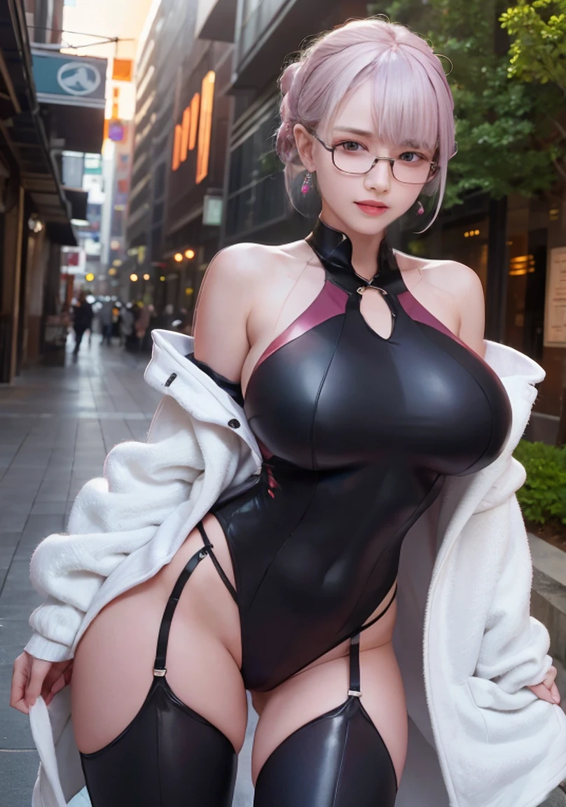 (masterpiece), Highest quality, Highest quality, Detailed and complex、Super big breasts、Large Breasts、Open pussy、Super detailed、Showed pink nippleuscular、Showed the uterus、2B Sunrise, Huge breasts,Earrings,necklace,smile,Updo,Low Cut,Big Breasts,Cleavage,Wearing glasses