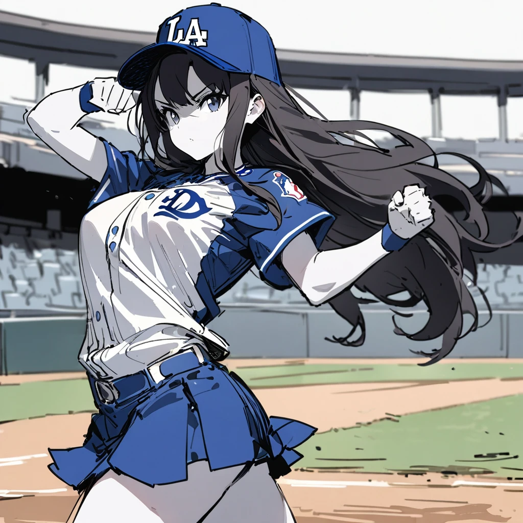 1girl, , beautiful girl, black hair, baseball cap, long hair, baseball uniform, Los Angeles Dodgers uniform, mini skirt, baseball Ground, fighting pose, Uniform number 17, upper breasts, upper hip, masterpiece, best quality, highly detailed,(sharp sketch, illustration:1.1), white skin