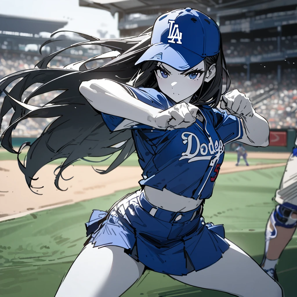 1girl, , beautiful girl, black hair, baseball cap, long hair, baseball uniform, Los Angeles Dodgers uniform, mini skirt, baseball Ground, fighting pose, Uniform number 17, upper breasts, upper hip, masterpiece, best quality, highly detailed,(sharp sketch, illustration:1.1), white skin