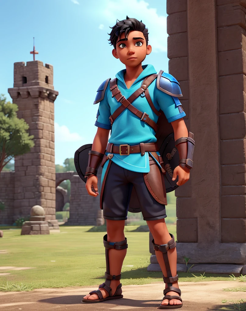 Male youth with black hair, brown eyes and fair skin, wearing neon-blue short gladiator tunic and black shorts, gauntlets and sandals, weilding sword and shield fullbody, medieval background, athletic