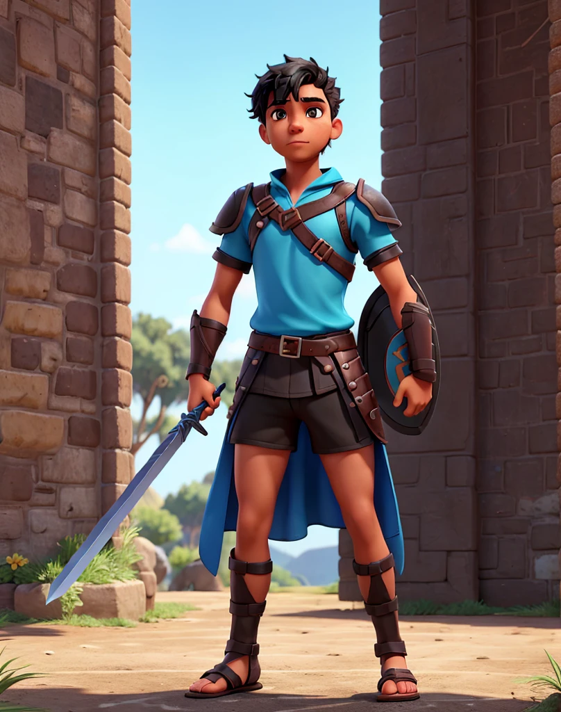 Male youth with black hair, brown eyes and fair skin, wearing neon-blue short gladiator tunic and black shorts, gauntlets and sandals, weilding sword and shield fullbody, medieval background, athletic