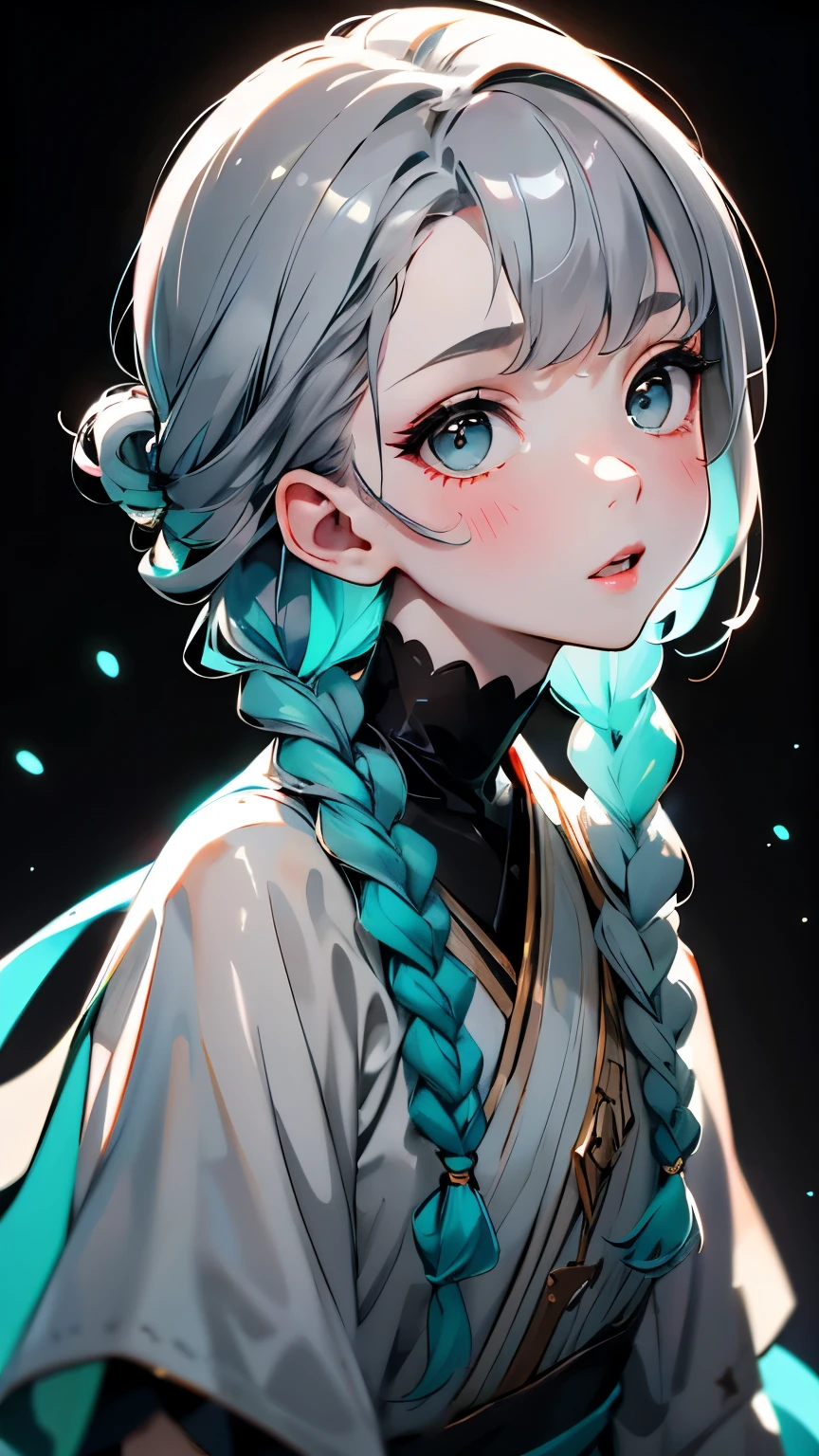 1 Girl, White skin、Caucasian、Very cute face、Small Nose、Fuller lips、Braids tied together、French Braid、Malaise、night, dark, ((Grey Hair)),(Detailed gray eyes)、Natural color tunic,National costume, Upper Body,Perfect beauty, ((Blurred Background))、((Black background)),((Shining turquoise light))、,Cinema Lighting,Professional Photographer,Random Pause、50ｍｍlens