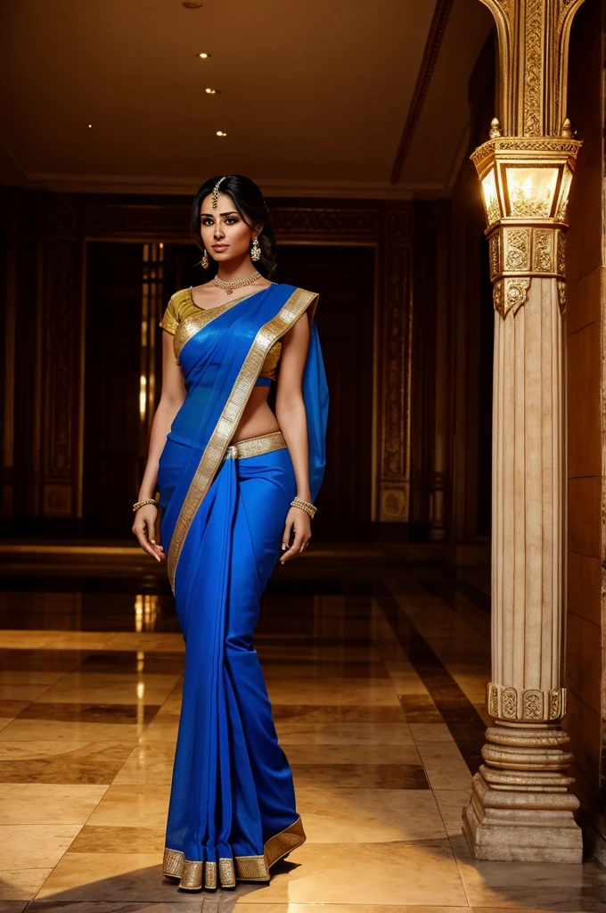 A 6 feet tall beautiful woman with a big ass is standing in the royal court wearing a saree.