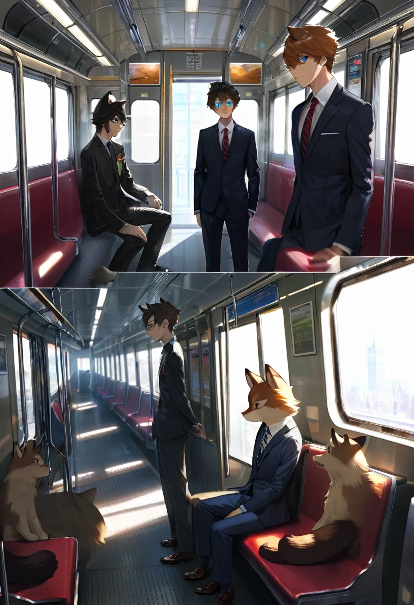top quality, best quality, High-quality illustrations, masterpiece, super high resolution, detailed background, train interior, salary, suits, student, standing, sitting, 6+boys, 6+girls, absurdres(highly detailed beautiful face and eyes)perfect anatomy, expression, good lighting, cinematic shadow(kemono, furry anthro)assorted poses, dynamic angle,