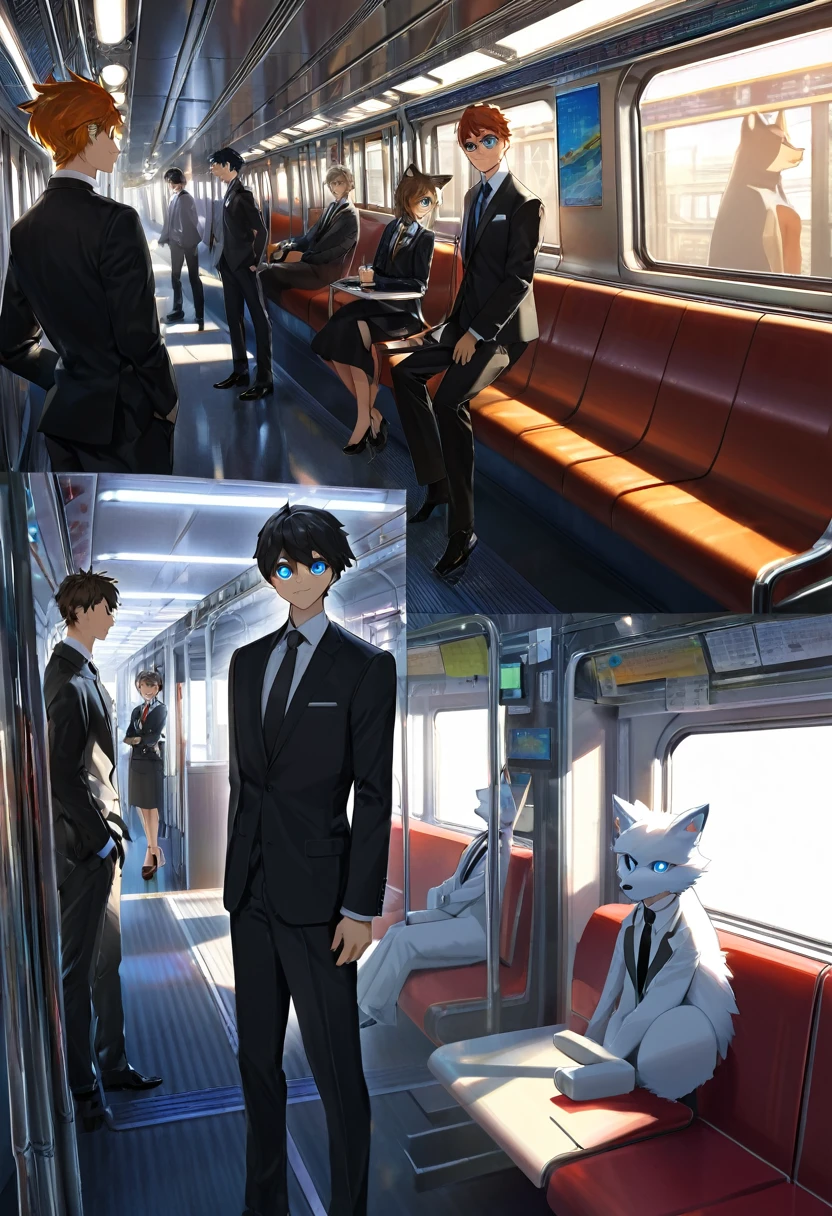top quality, best quality, High-quality illustrations, masterpiece, super high resolution, detailed background, train interior, salary, suits, student, standing, sitting, 6+boys, 6+girls, absurdres(highly detailed beautiful face and eyes)perfect ???????, expression, good lighting, cinematic shadow(kemono, furry anthro)assorted poses, dynamic angle,