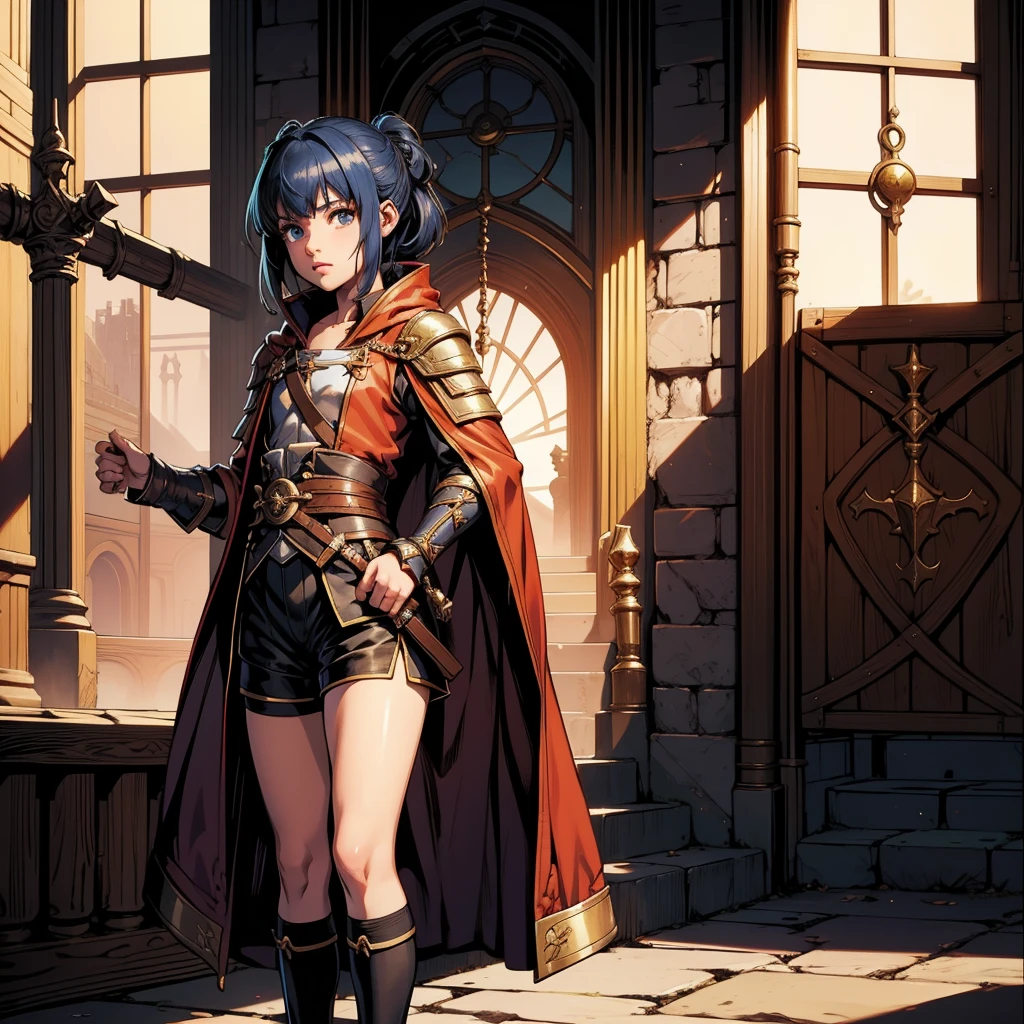 最high quality、high quality、Wearing a robe with 0 defense、10Year-old girl adventurer、Climb the dungeon stairs、Shorts and spats、Equipped with a dagger and a leather shield、Inside the dim labyrinth