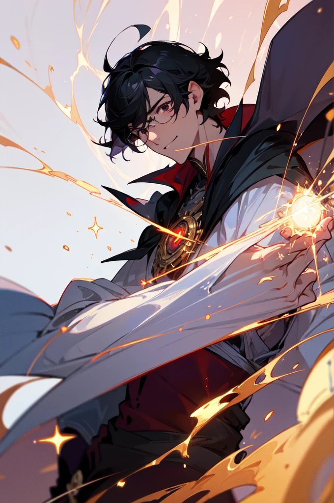 masterpiece, best quality, 1 male, young, tall muscular, handsome, finely detailed eyes, intricate details, black hair, short hair, smile, solo, upper body, detailed background, detailed face, good sorcerer, color magical robes, determined expression, white color scheme, dark crimson light, glowing magical runes, realistic lighting, floating particles, sparks, surrounded by gold lightning red arcane symbols, corrupted by eldritch power, bloom, glasses