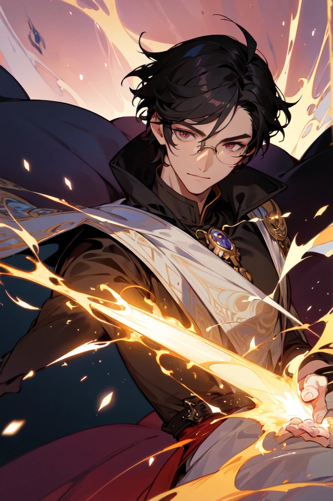 masterpiece, best quality, 1 male, young, tall muscular, handsome, finely detailed eyes, intricate details, black hair, short hair, smile, solo, upper body, detailed background, detailed face, good sorcerer, color magical robes, determined expression, white color scheme, dark crimson light, glowing magical runes, realistic lighting, floating particles, sparks, surrounded by gold lightning red arcane symbols, corrupted by eldritch power, bloom, glasses