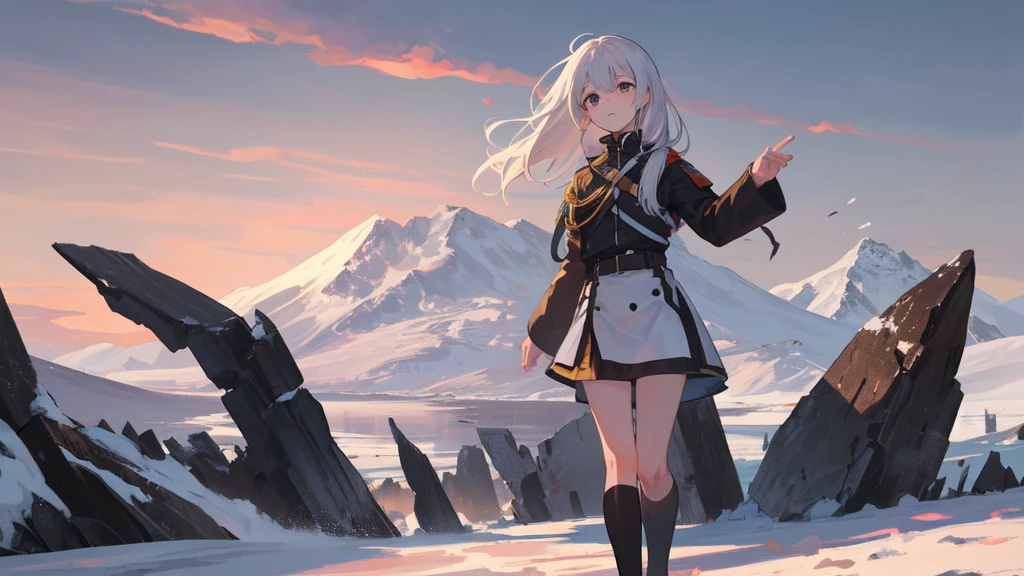 masterpiece:1.2), best quality , solo ,pixiv, anime girl ，long straight white hair , black eyes ,Wearing off-white camouflage uniform ,ten years old，battlefield，Standing in the snowy mountains，(Eyes looking into the distance:1.3)，There is a flame burning beside you，(look away:1.5)，snowy weather，The girl stands among the deserted snowy mountains，blood on forehead，dirty face，Background mixed with metal fragments:1.2，Backlight，Black lake in the background，Standing on the black glacier，Bare rocky peaks , Scrap metal on the snow，raise arms，The expression is sad