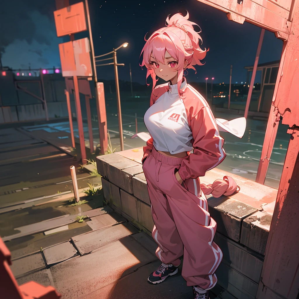 1female, adult, tan skin, big breast, finely detailed pink eyes, wild medium hair, coral hair, braided ponytail, track jacket, baggy pants, standing on ruined building, night time, excited expression