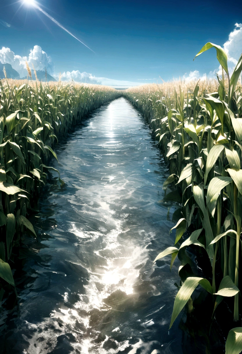 Ultra-realistic scenes, Marble, Corn field, Blue sky background, water, sunlight, Low Perspective,,, High quality 8K。