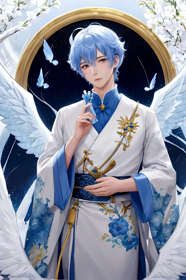 front,Saint,handsome boy, whole body, a beautiful thermographic anime style illustration with flowers on the ears, pixiv art site , Short curly hair boy, blue and white hair, Glass, Golden wings with flowers in the background, light gold and sky blue, Vibrant colors, Exquisite lines, Soft lighting, Fantasy elements, watercolor, high resolution.Deep Light Depiction,3D Rendering --niji 6 --s 400,style:Royal Family, 老钱style,. : blue, From Kane, Top-level elegance,Royal Family服饰,White shirt material: Linen, cotton, silk, wool,