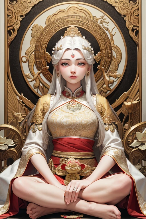 ((Highest quality)), ((masterpiece)), (detailed), digital photo of an ancient chinese poet, serious expression, intricate details, editorial photo
  (contented female Bodhisattva:1.1), (Tibetan Thangka:1.1), (Guanyin of the southern seas:1.2), (Puskala-kudda:1.1), (goddess of wisdom:1.1), (Nezha:0.9), (white-haired deity:1.1), (Buddhist art:1.1), (Serene Lotus Sitting Figure:1.3), detailed facial features, serene expression, vibrant colors, intricate patterns, sacred atmosphere