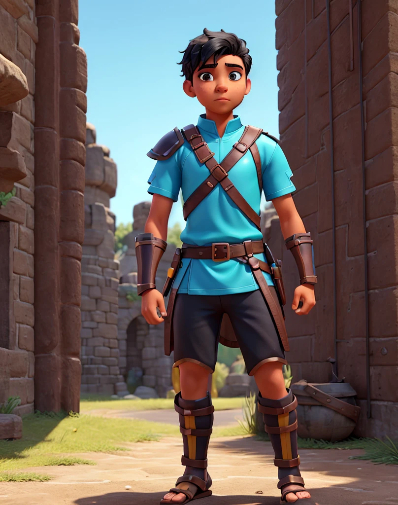 Male youth with black hair, brown eyes and fair skin, wearing neon-blue short gladiator tunic and black shorts, gauntlets and sandals, weilding sword and shield fullbody, medieval background, athletic