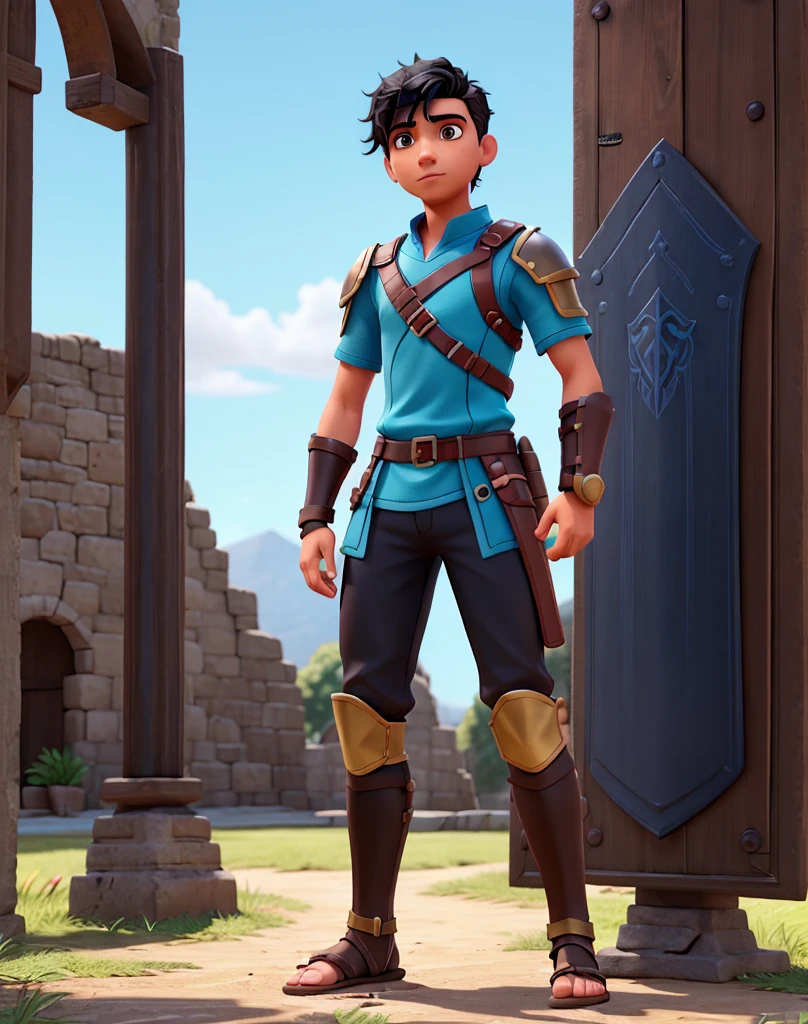 Male youth with black hair, brown eyes and fair skin, wearing neon-blue short gladiator tunic and black shorts, gauntlets and sandals, weilding sword and shield fullbody, medieval background, athletic
