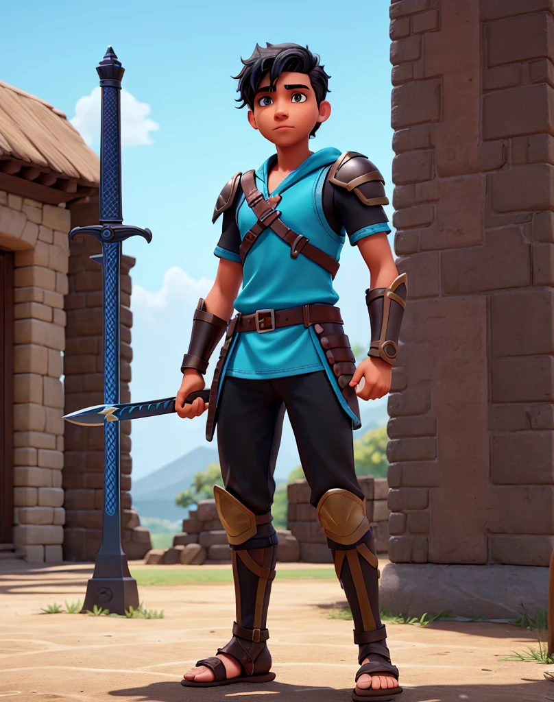Male youth with black hair, brown eyes and fair skin, wearing neon-blue short gladiator tunic and black shorts, gauntlets and sandals, weilding sword and shield fullbody, medieval background, athletic