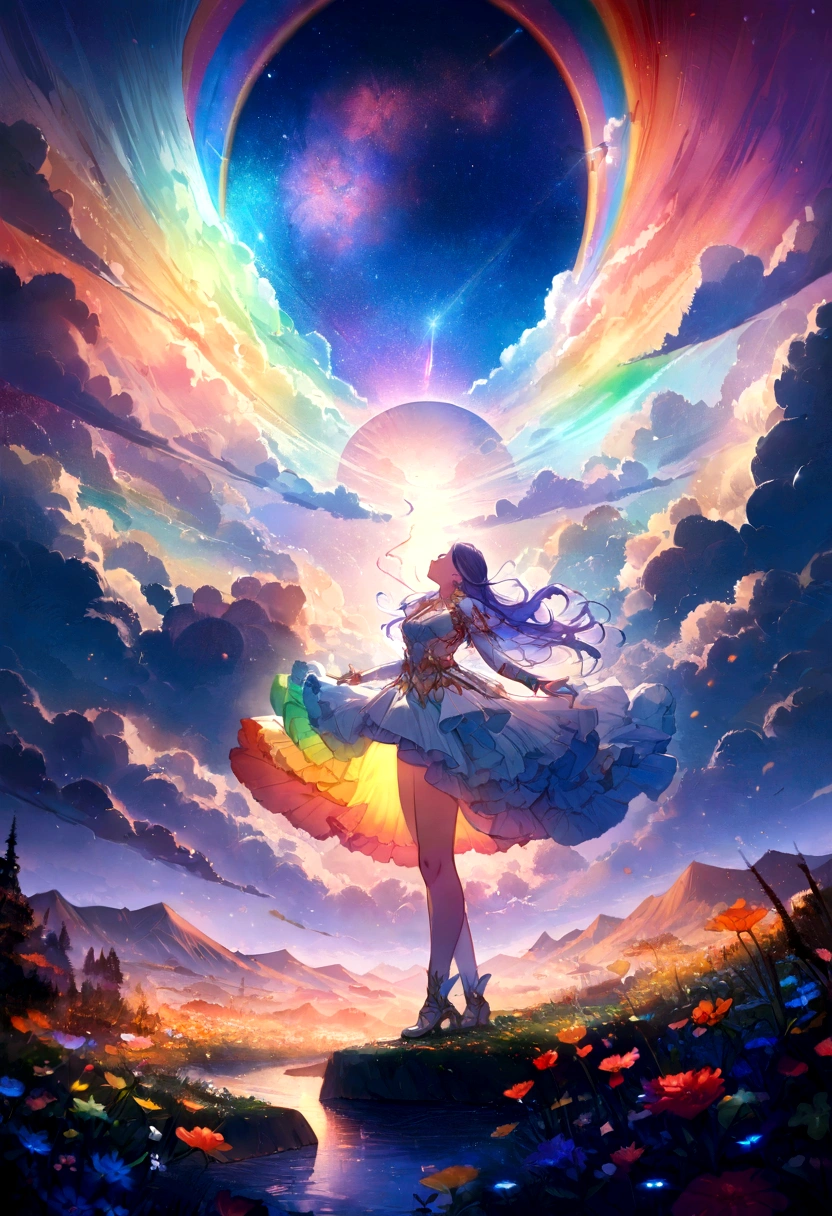 vast landscape photography, (seen from below, the sky is above、the fields are below), A girl standing in a flower field and looking up, (full moon: 1.2), (meteor: 0.9), (nebula: 1.3), distant mountain々 , tree BREAK craft art, (warm light: 1.2), (fire Fly: 1.2), light, lots of purple and orange, intricate details, volume lighting, Realism BREAK (masterpiece: 1.2), (highest quality), 4k, super detailed, (dynamic composition: 1.4), very detailed, colorful details, (Rainbow-colored: 1.2), (glow lighting, atmosphere lighting), dream-like, Magic, (alone: 1.2)
