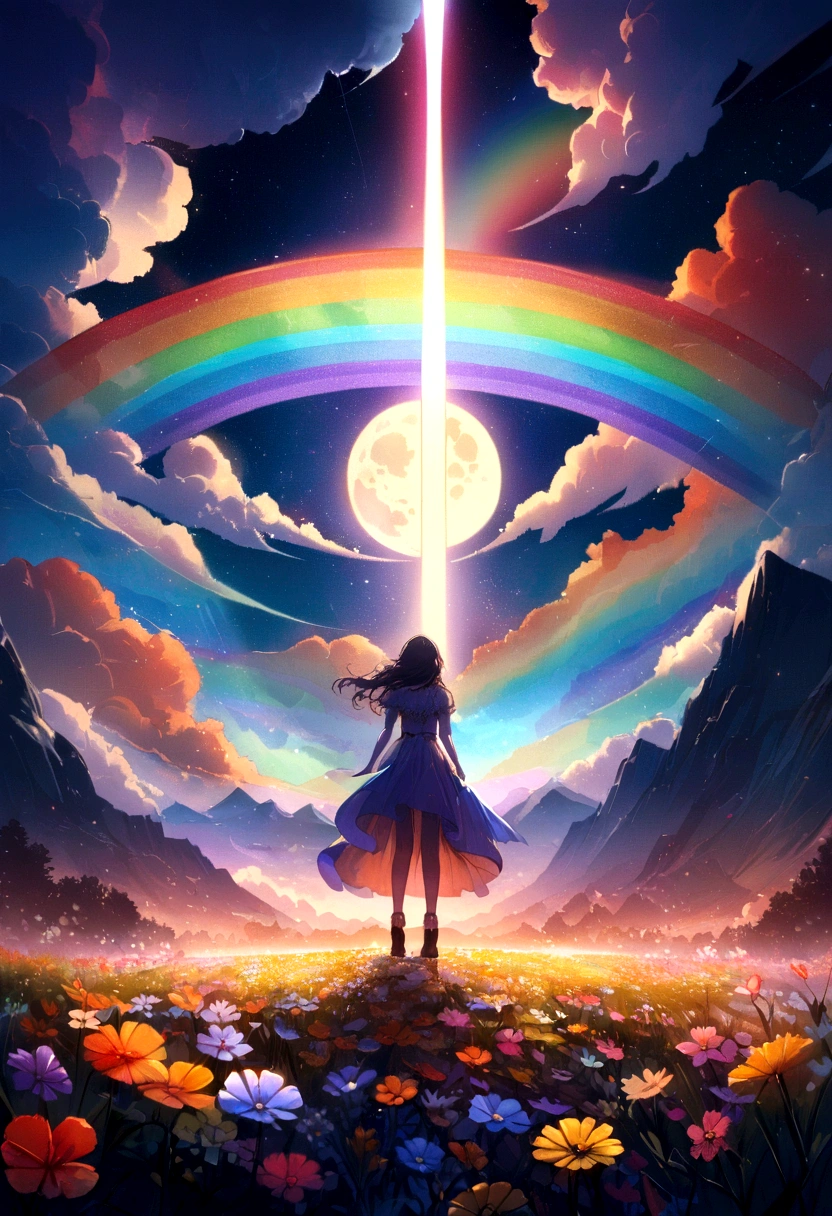 vast landscape photography, (seen from below, the sky is above、the fields are below), A girl standing in a flower field and looking up, (full moon: 1.2), (meteor: 0.9), (nebula: 1.3), distant mountain々 , tree BREAK craft art, (warm light: 1.2), (fire Fly: 1.2), light, lots of purple and orange, intricate details, volume lighting, Realism BREAK (masterpiece: 1.2), (highest quality), 4k, super detailed, (dynamic composition: 1.4), very detailed, colorful details, (Rainbow-colored: 1.2), (glow lighting, atmosphere lighting), dream-like, Magic, (alone: 1.2)