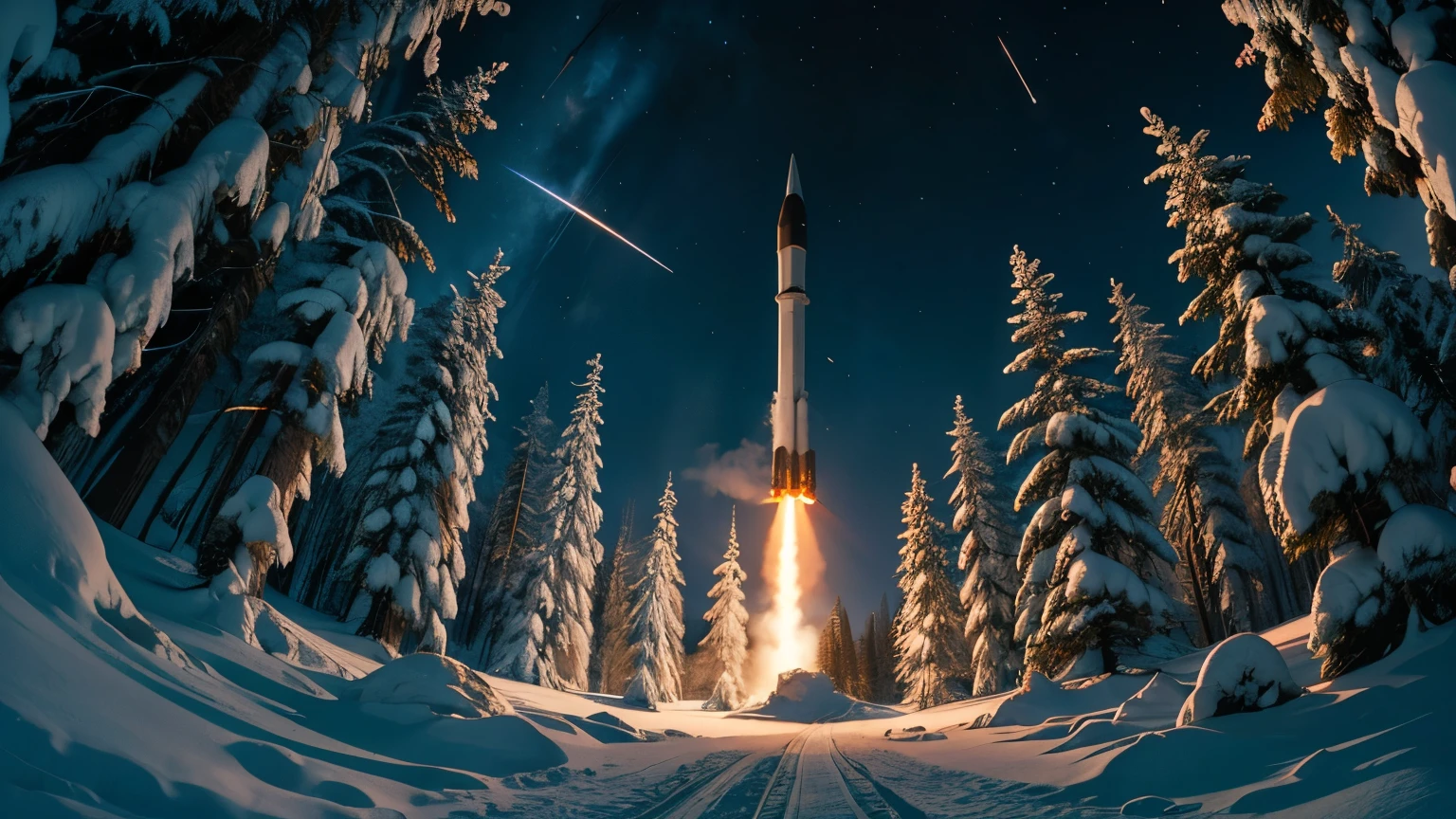 Dramatic lighting, chiaroscuro, missiles launching over a spruce forest under deep snow