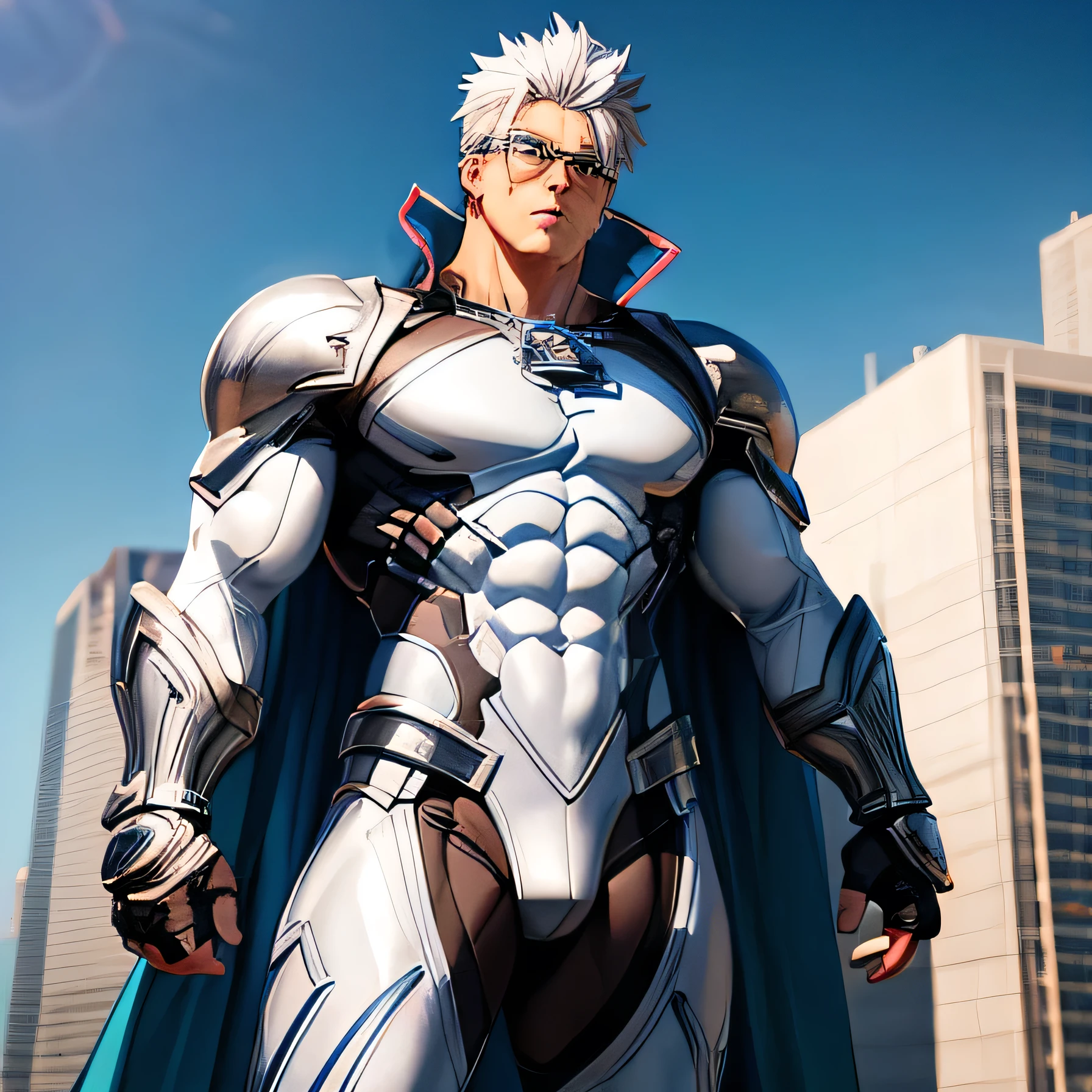 anime character with white hair and glasses standing in front of a city, muscular man, fuul white armor, detailed digital anime art, game cg, realistic anime 3 d style, male anime character, detailed anime character art, fighting game character, anime cgi style, genos, shiro takatani, advanced digital anime art, akihiko yoshida. unreal engine, quicksilver, this character has cryokinesis, fuul body, superhero pose, white power