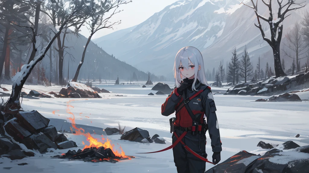 masterpiece:1.2), best quality , solo ,pixiv, anime girl ,long straight white hair , black eyes ,Wearing off-white camouflage uniform ,ten years old,battlefield,Standing in the snowy mountains,(Eyes looking into the distance:1.3),There is a flame burning beside you,(look away:1.5),snowy weather,The girl stands among the deserted snowy mountains,blood on forehead,dirty face,Background mixed with metal fragments:1.2,Backlight,Black lake in the background,Standing on the black glacier,Bare rocky peaks , Scrap metal on the snow,raise arms,The expression is sad