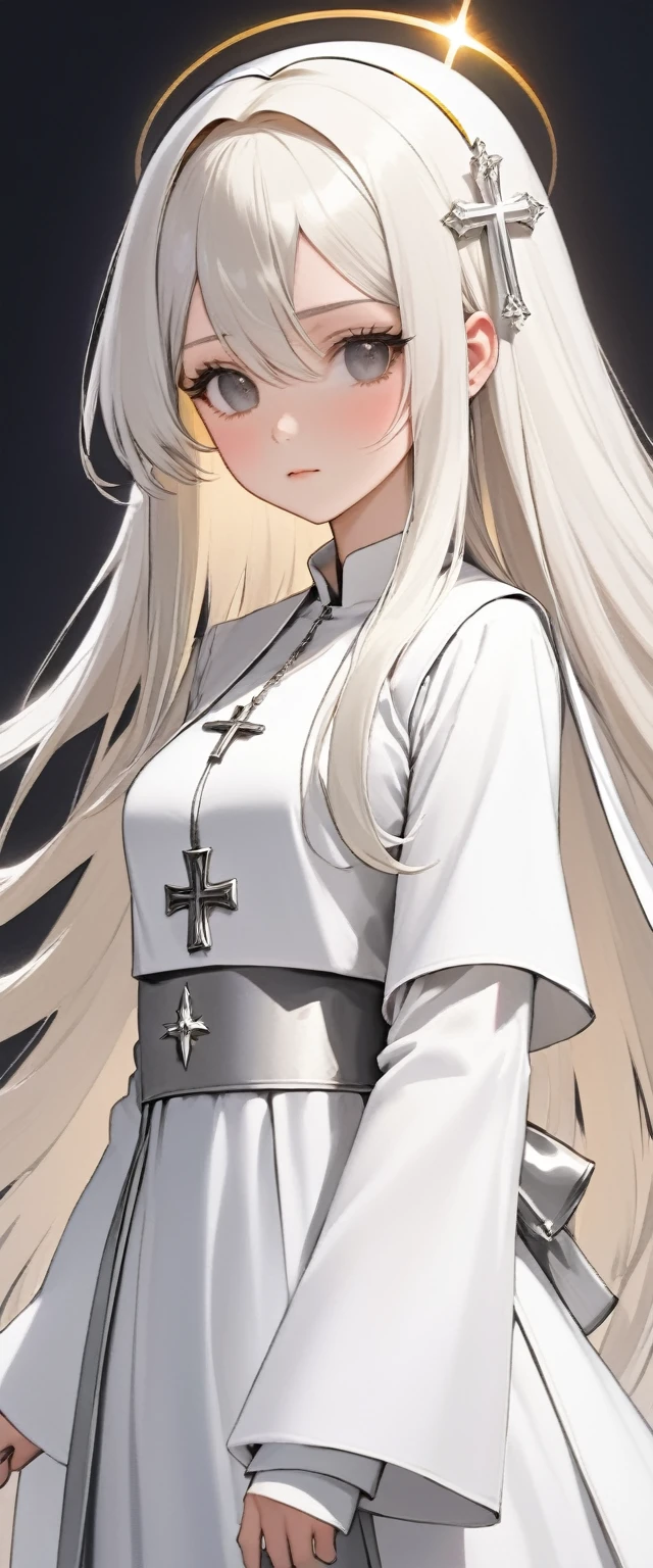 Character (white long hair) (lots of accessories and exaggerated silver jewelry) (nun manga-style clothing) (character in dynamic pose) (ethereal)