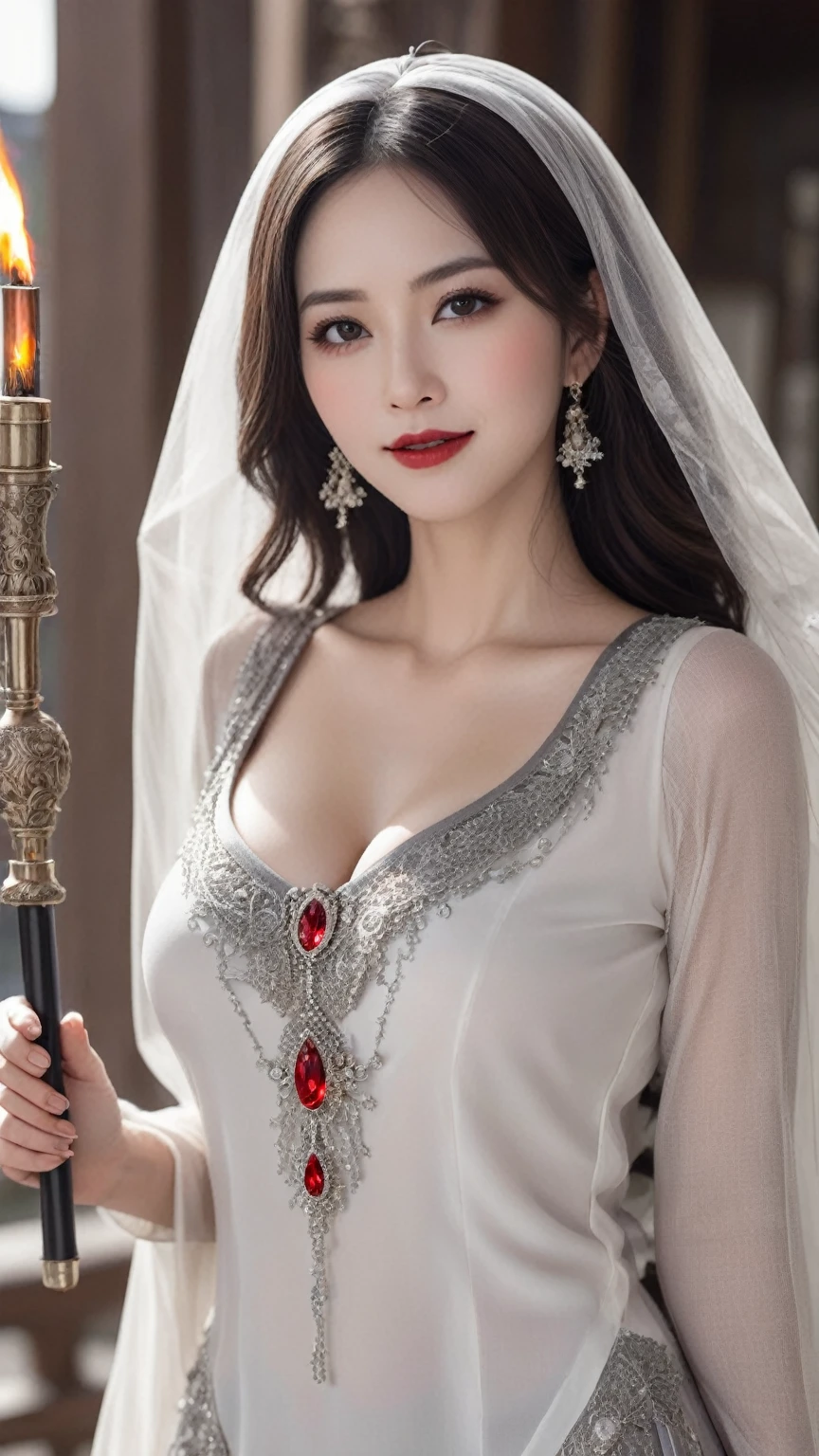 (((Sexy Woman)))、((Very beautiful 30 year old white woman))、(((Big big cleavage)))、witch、ブロンドのMature witch、Plump figure、smile、Middle-aged beauty 、Very delicate and delicate skin texture、Mature witch、{(Ancient ornate and luxurious temple)、(Many torches are burning)}、Red lips、Beautiful scarlet eyes、(((Gorgeous and glamorous silver outfit and luxurious accessories)))、I have a shiny platinum wand、