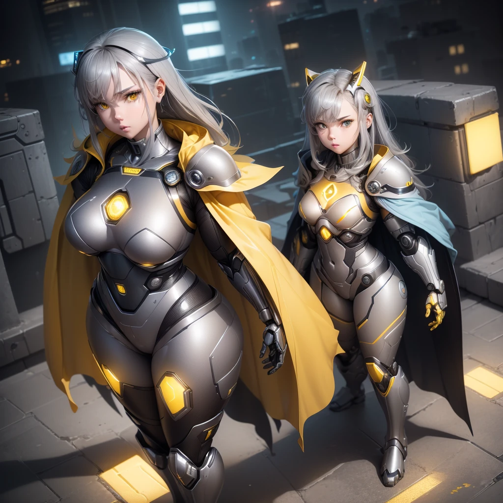 (masterpiece), (best quality), (high res) 2boys, (perfect anatomy) (perfect face, (Female robot), (superheroine), android girl, teenager, (gray with yellow accents full body robotic metal armor), (yellow cape), (yellow shinning core in the chest), gray metal gloves and gray armored boots, (metallic), (beam saber), pale skin, shinning yellow eyes, (gray short shoulder length hair), wide hips, thick thighs, narrow waist, (standing on the rooftop), (futuristic city), (night)