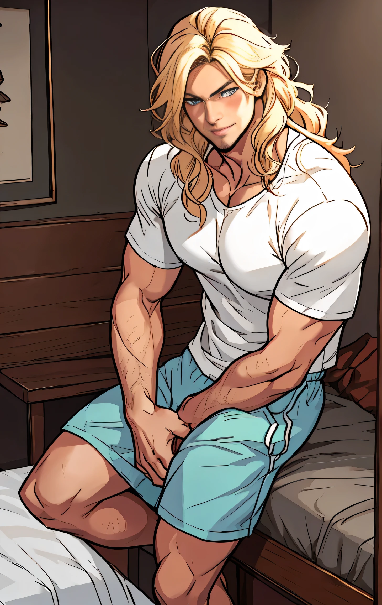 One male, shoulder length hair, tousled hair, blond, blond hair, dark blue eyes, tall, muscular, athletic, white shirt and boxer shorts, handsome face, highest quality, masterpiece, 2d, anime, perfect face, highest detail, stubble, wavy hair, sat in bed shot, intricate details, full body, room interior, solo, sultry smile, blushing