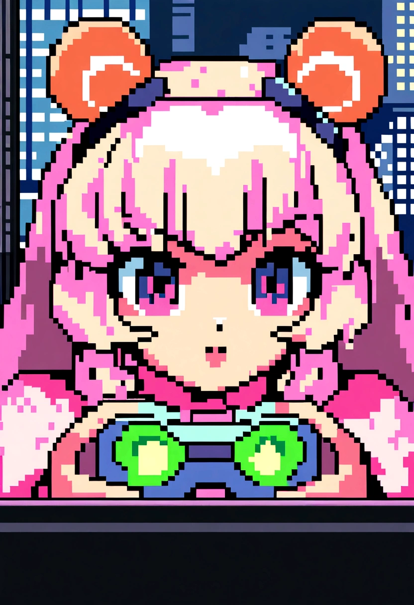 Pixel art,pixel,Retro,City Pop,筐body,Highest quality, masterpiece, Ultra-high resolution, Very detailed, Girl playing games, body, Anime illustration, Keyframe illustration, Digital anime art, Lo-fi Girl,, Anime-style illustrations, Lofi Art Style, Anime illustration